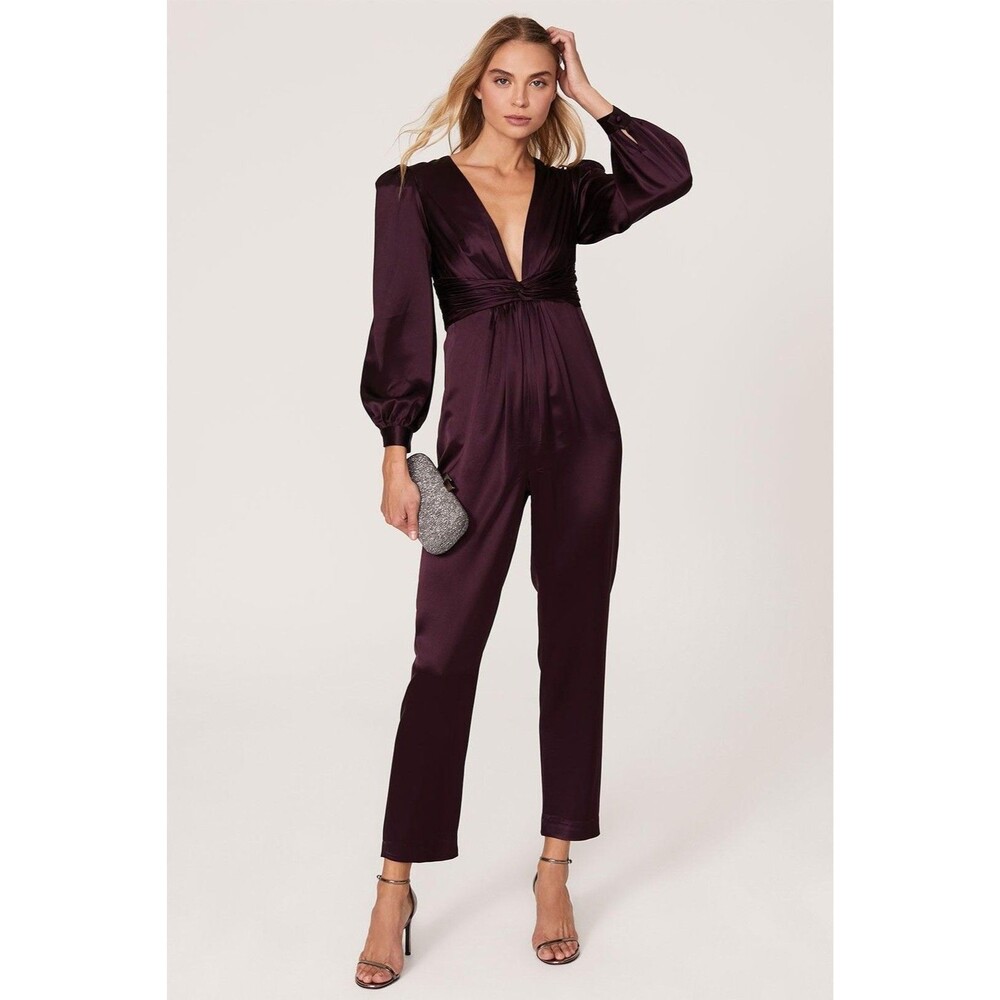 Ieena for Mac Duggal Jumpsuit Womens 12 Purple Satin Plunge V Neck Ruched Waist